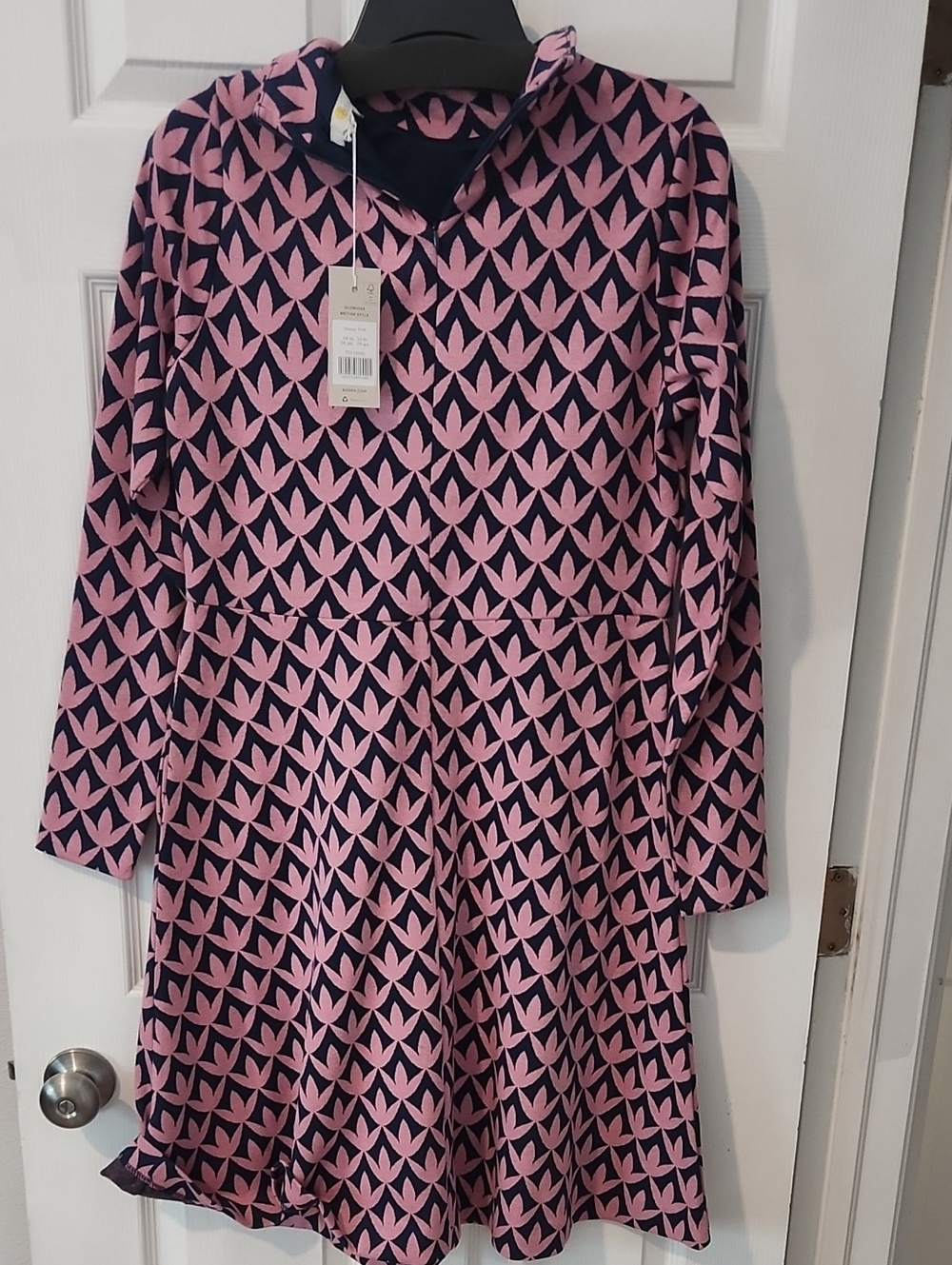 Women's Boden Pink and Navy Geometric Long-Sleeve Dress - Picture 1 of 5